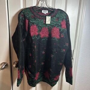 Vintage NWT 80s 90s Arielle Sweater Womens‎ L Black Green Red Metallic Roses